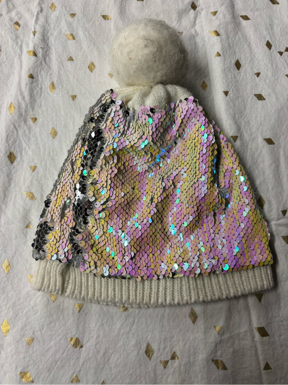 Target Kids Iridescent Sequin Pom Beanie in White